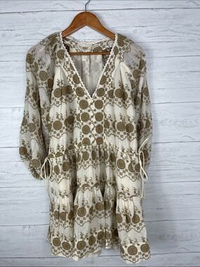 Mahila Embroidered Boho Dress in Cream and kaki
